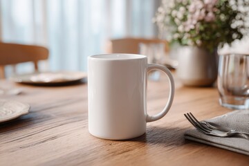 Fototapeta premium Blank White Coffee Mug on Wooden Table in Cozy Bright Kitchen Setting