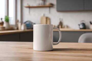 Obraz premium Minimalist White Coffee Mug on Wooden Table in Modern Kitchen