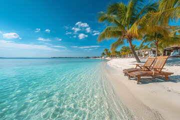 Sunny beach scene with clear blue water, sun loungers and palm trees, relaxed vacation atmosphere