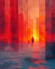 Crimson Solitude A Figure Amidst Glowing Geometric Forms