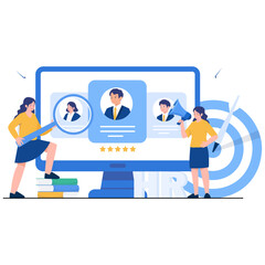 People review resumes on a computer screen holding a magnifying glass and megaphone