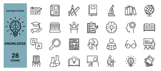 Knowledge and Education Skills Icon Set. Learning, Study, School, Student, Teacher, Book, Brain, Idea, Science, Training. Editable Stroke. Vector Illustration.
