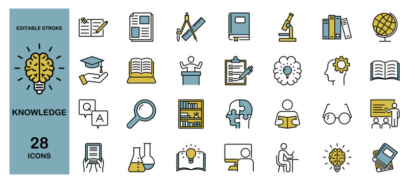 Knowledge and Education Skills Icon Set. Learning, Study, School, Student, Teacher, Book, Brain, Idea, Science, Training. Editable Stroke. Colored Vector Illustration.