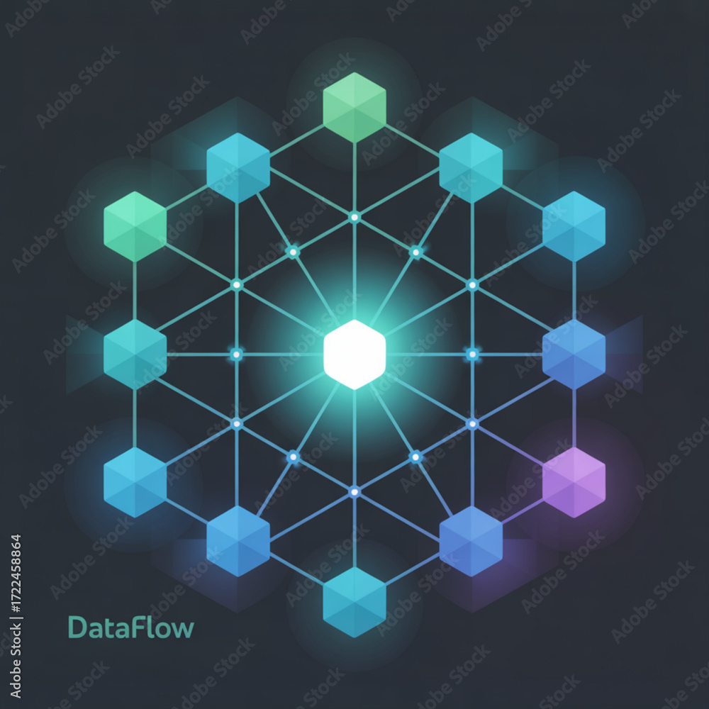 Poster dataflow network diagram illustration for data science and machine learning applications and technol