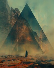 Surreal Landscape with a Figure in the Foreground and a Geometric Overlay