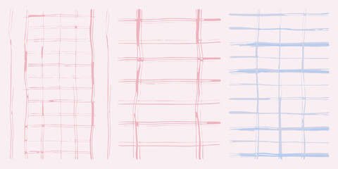 Soft pastel plaid patterns with hand drawn lines in pink and blue on a light background