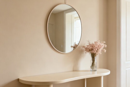 A minimalist interior scene featuring a round mirror above a white console table with a vase of pink flowers.