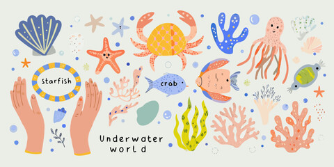 Cute and colorful underwater world illustration with marine life and coral reef elements