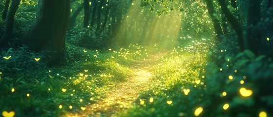 Magical forest path with glowing fireflies and sunlight
