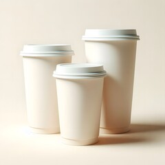 A product mockup featuring three disposable coffee cups