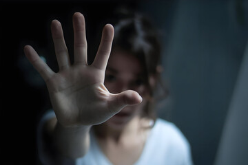 Obraz premium A woman reaches out with her hand, expressing emotions in a dark, moody setting.