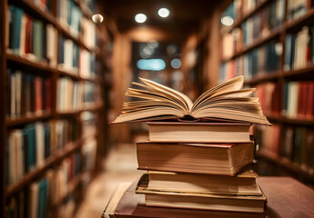 A stack of open books in a cozy library setting, inviting readers to explore and discover.