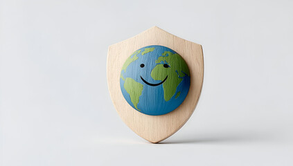 A wooden shield featuring a smiling Earth, symbolizing global protection and care.