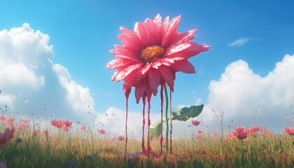 Pink flower dripping crimson, field of flowers