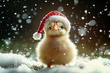 Cute chick in Santa hat, snow