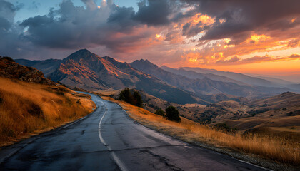 asphalt road and sunset in the mountains landscape