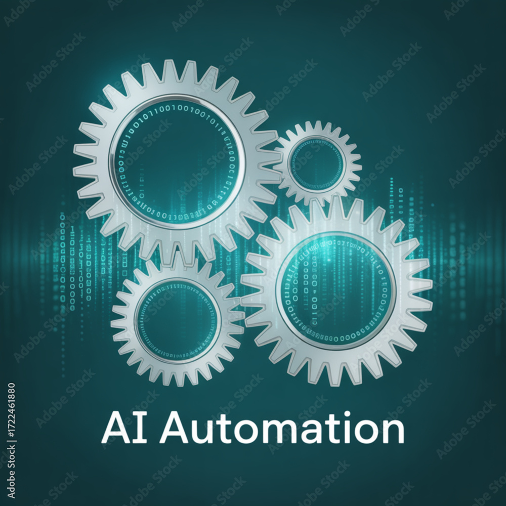Poster ai automation technology with gears and binary code for machine learning and robotic process automat