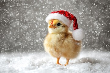 Cute chick in Santa hat, snowy scene