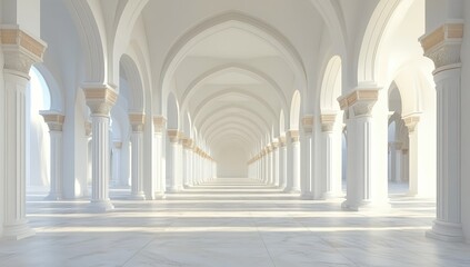 White arched colonnade, sunlit, spacious