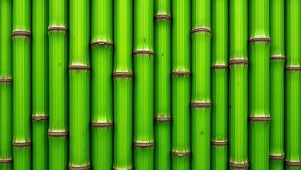 A vibrant display of closely grouped, vibrant green bamboo stalks, showcasing their natural texture and rhythmic pattern.