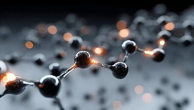 Close-up of interconnected molecules with glowing nodes representing scientific concepts.
