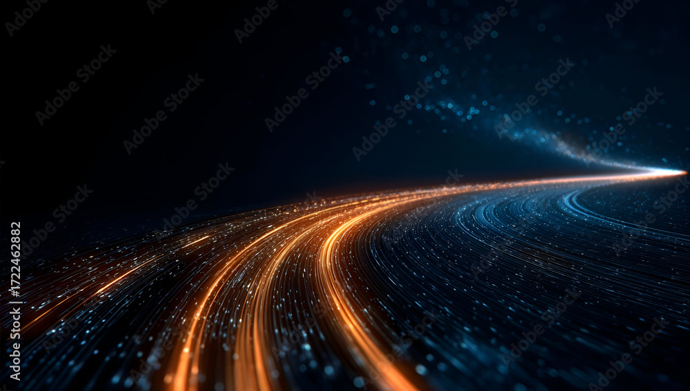 Poster abstract light trails creating a sense of motion and speed in a dark environment.