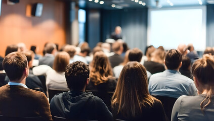 Audience attending a conference, engaged in a presentation on innovative ideas.
