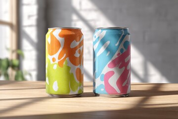 Colorful Soft Drink Cans with Abstract Patterns on Wooden Table