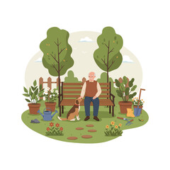 Happy senior man relaxing on a park bench with his dog surrounded by beautiful flowers and gardening tools