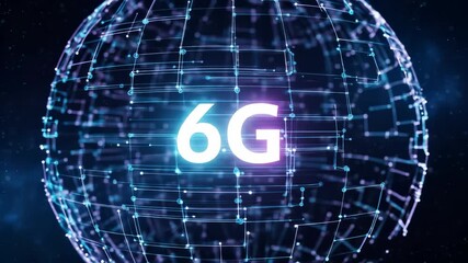 6G Future Connectivity. 6G digital sphere network data technology global connection futuristic glowing innovation communication, blue lines and dots - Powered by Adobe