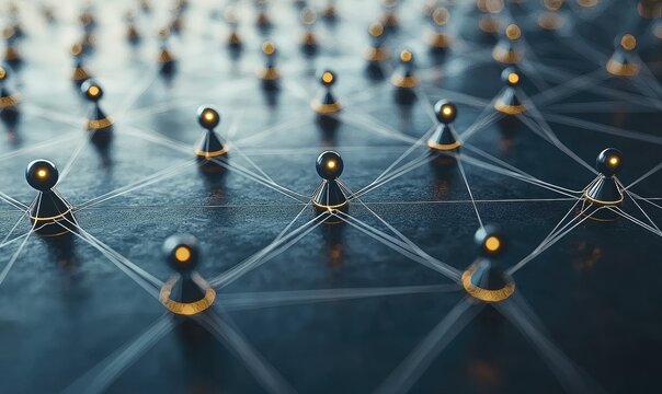 Abstract network of interconnected figures on a dark surface