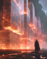 Mysterious cloaked figure confronts an ancient, fiery crystalline wall in a dark, otherworldly realm