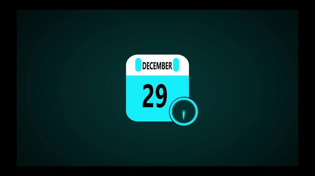 December month calendar animation on black background. Animated calendar icon showing the date december 29th. Digital calendar design icon animation 4k video