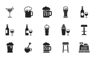 Collection of bar related icons including cocktails beer wine ice cream shaker stools and a cash register icon set