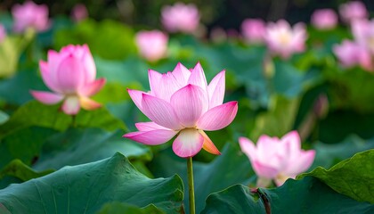Close-up of vibrant pink flowers with pointed petals, surrounded by large, round green leaves. Blurred background adds depth