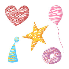 Christmas decoration set. Consisting of stars, donuts, hearts, balloons, and party hats. Made in a scribble style.
