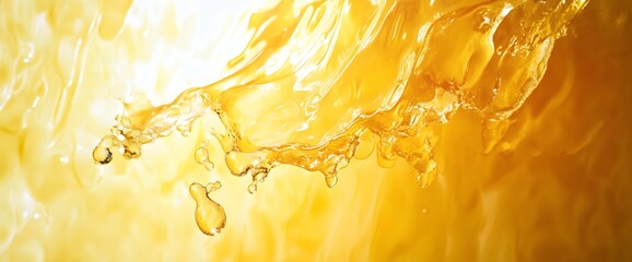 Close up abstract view of viscous golden liquid dripping and flowing with bright light illuminating the translucent texture