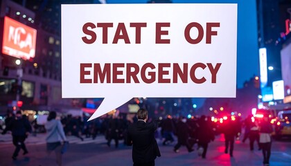 A man gazes at a speech bubble with 'State of Emergency' over a busy city street at night