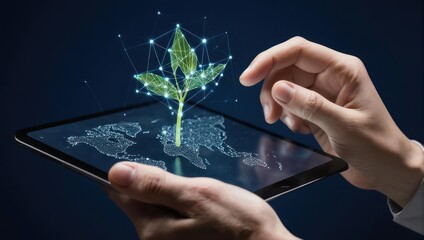 Hands interacting with digital plant emerging from tablet screen, representing eco-friendly technology and global sustainability