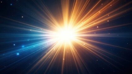 A radiant burst of light radiates outward, illuminating a dark backdrop with streaks of color.