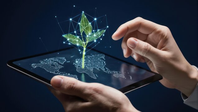 Hands interacting with digital plant emerging from tablet screen, representing eco-friendly technology and global sustainability