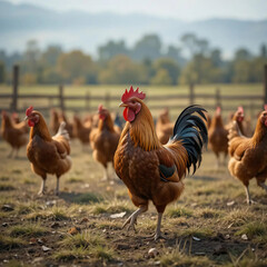Fototapeta premium Rooster Strutting Freely with Hens in a Field, Farm Life