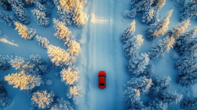 Aerial view of red car in snowy forest road. Possible use Stock photo - Powered by Adobe