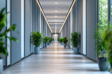Plants in pots lining a long corridor.