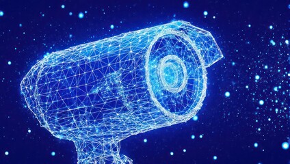 Digital security camera with network connections protecting data in cyberspace, futuristic concept art, blue background