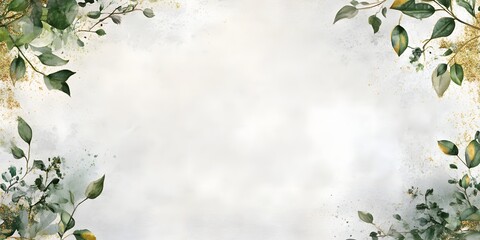 Delicate botanical border with lush green foliage and subtle floral accents framing a soft textured background for text or design elements