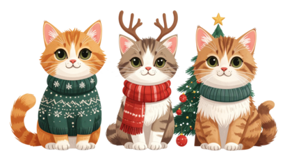 Festive holiday bundle of three adorable cat characters isolated on transparent background