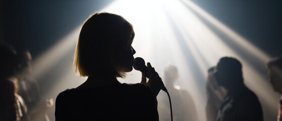 Professional Female Vocalist Performing on Stage Under Spotlight Modern Authentic Live Music Event Content for Concert Marketing and Social Media Campaigns