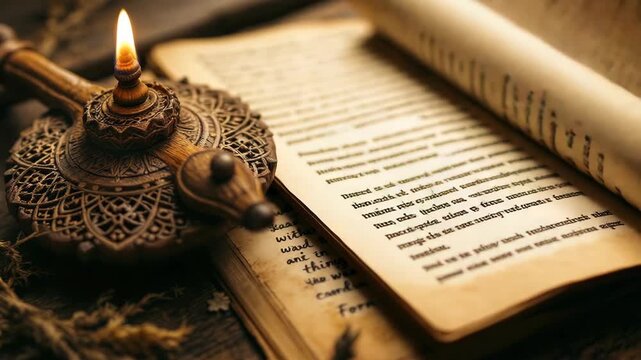 Ancient wisdom unveiled open manuscript bathed in soft candlelight reflecting traditional indian spiritual teaching
