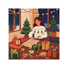 Woman wrapping Christmas gifts by decorated tree cozy winter scene